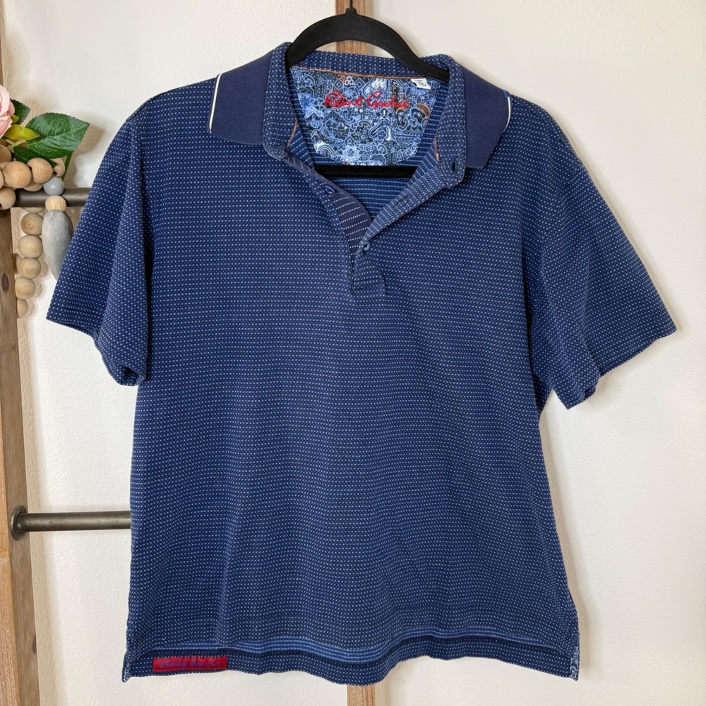 Robert Graham Mens Classic Fit Blue MicroDot Print Short Sleeve Polo Size Medium - Picture 2 of 10